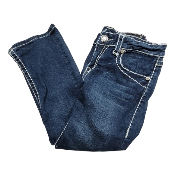 𝅺DARK Wash Denim Capris Womens Size 9  Embroidered Stitched Stretchy - Picture 6 of 8